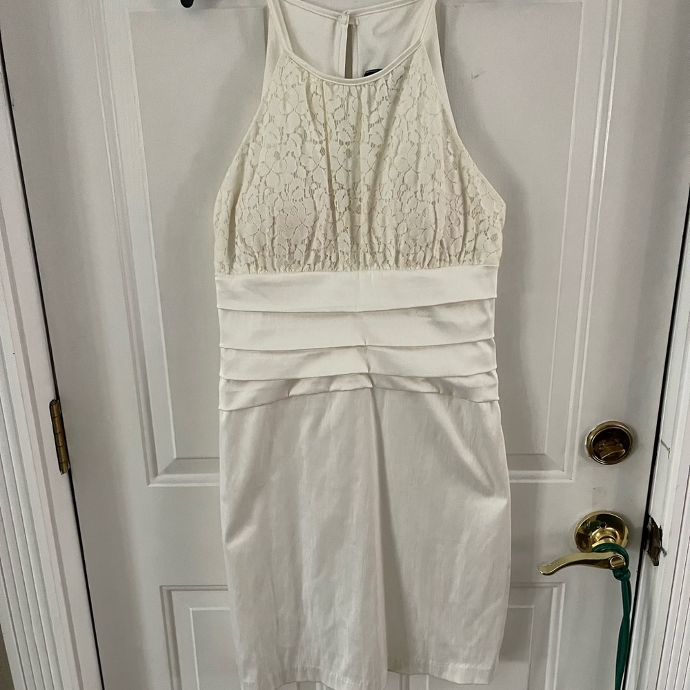 B Darlin Cream Pleated Halter Sheath Dress